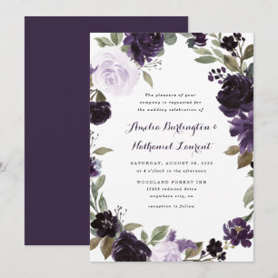 Convite Casamento Floral de Folhas Roxas e Douradas