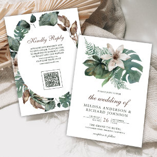 Convite Casamento Floral de Folhas Tropicais em Aquarela C