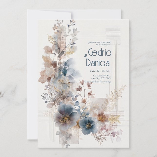 Convite Casamento Floral de Folk Azul Mudado (Frente)