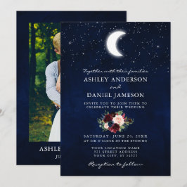 Convite Casamento Floral de Foto Celestial Lua e Estrelas