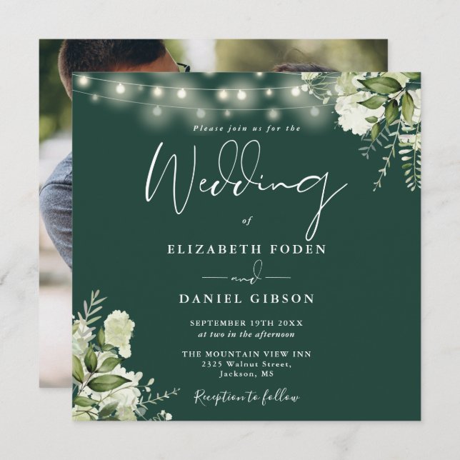Convite Casamento Floral de Fotos das Luzes de String Emer (Frente/Verso)
