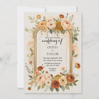 Convite Casamento Floral de Frame Dourado Elegante