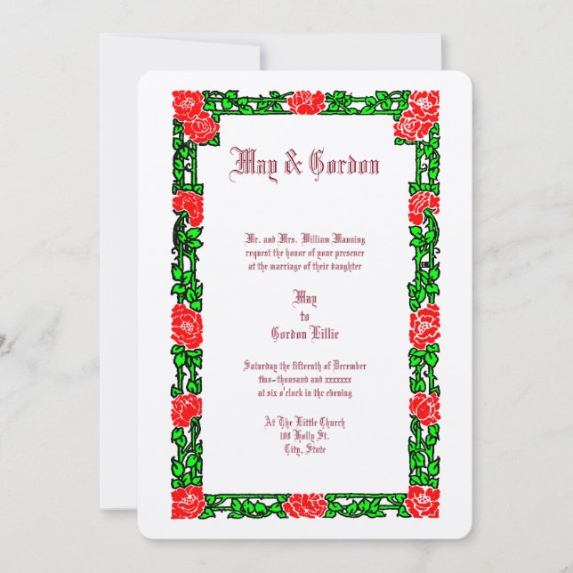 Convite Casamento Floral de Fronteira de Rosa vermelha Vin (Frente)