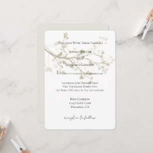 Convite Casamento Floral de Galhos de Árvore Pássaro Creme