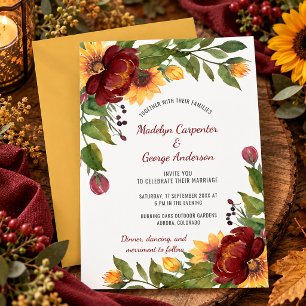 Convite Casamento Floral de Girassóis Rústicos Burgundy e 