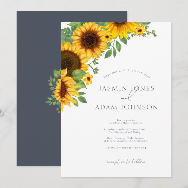 Convite Casamento Floral de Girassóis Simples (Frente/Verso)