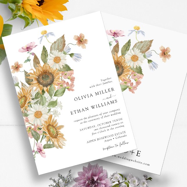 Convite Casamento Floral de Girassol (Watercolor Floral Sunflower Wildflower Wedding Invitation Monogrammed by Painted Paperie
)