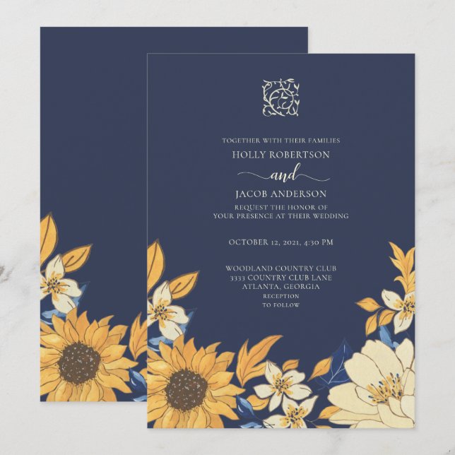 Convite Casamento Floral de Girassol Amarelo Azul Moderno (Frente/Verso)