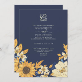 Convite Casamento Floral de Girassol Amarelo Azul Moderno