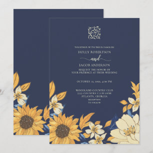 Convite Casamento Floral de Girassol Amarelo Azul Moderno