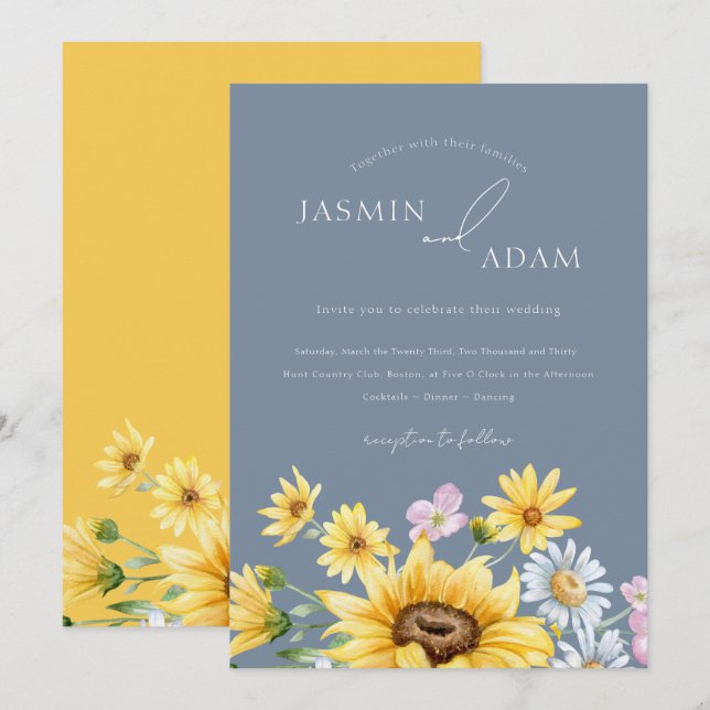 Convite Casamento Floral de Girassol Azul Empoeirado de Ve (Frente/Verso)