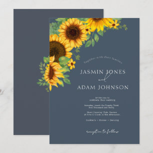 Convite Casamento Floral de Girassol Azul Real Boho
