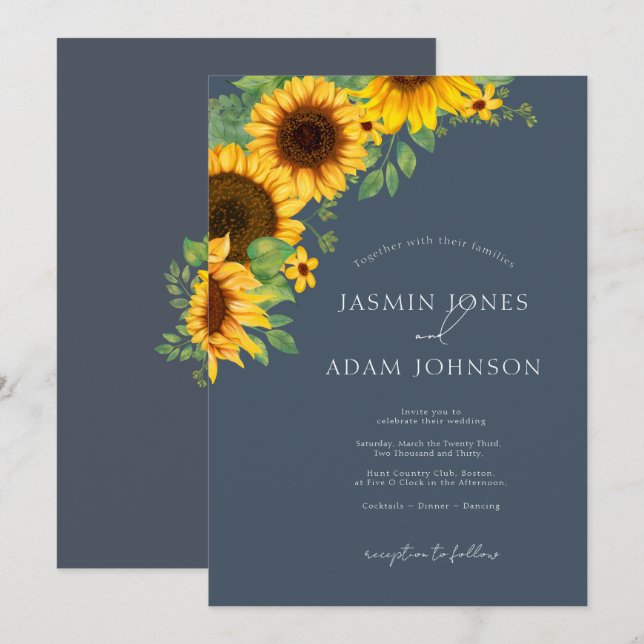 Convite Casamento Floral de Girassol Azul Real Boho (Frente/Verso)