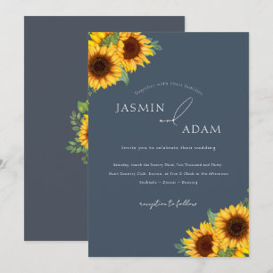 Convite Casamento Floral de Girassol Azul Real Simples