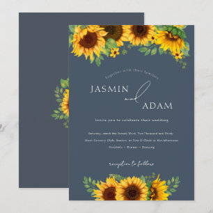 Convite Casamento Floral de Girassol Azul Real Simples