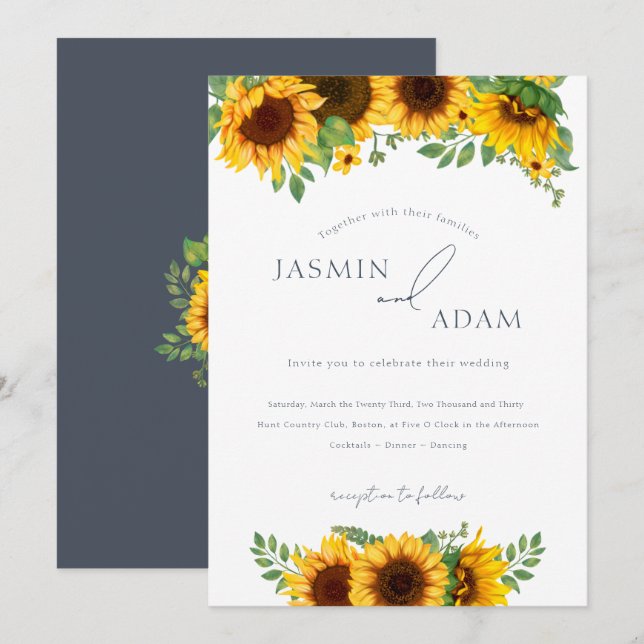 Convite Casamento Floral de Girassol Boêmio (Frente/Verso)