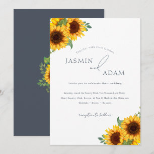 Convite Casamento Floral de Girassol Boho Azul Ardósia