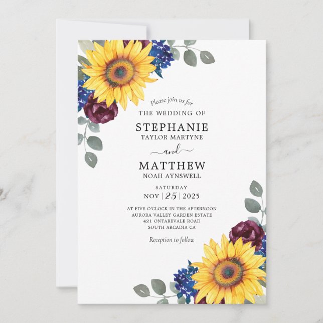 Convite Casamento Floral de Girassol Burgundy Marinho Wate (Frente)