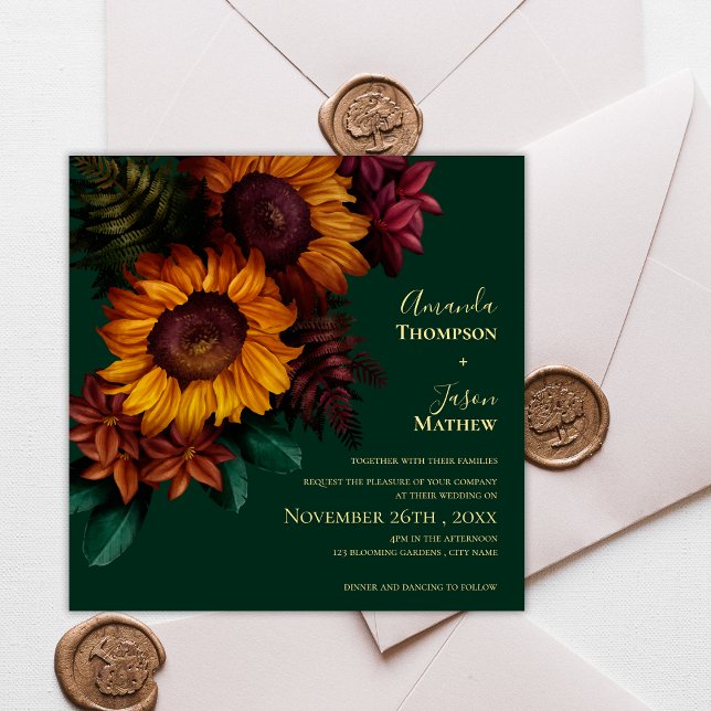 Convite Casamento Floral de Girassol e Girassol Laranja Qu (Emerald & Burnt Orange Sunflower Floral Wedding Invitation)