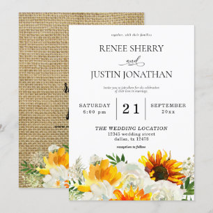 Convite Casamento Floral De Girassol E Rosa Branca- Burlap