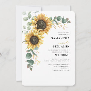Convite Casamento Floral de Girassol Eucalipto em Aquarela