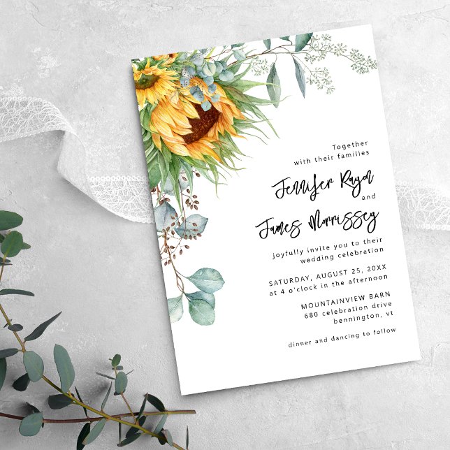 Convite Casamento Floral de Girassol Eucalipto Rústico (Criador carregado)