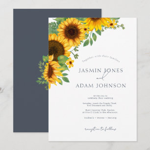 Convite Casamento Floral de Girassol Simples Azul Ardósia