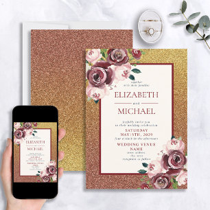 Convite Casamento Floral de Glam Burgundy Rosa Dourado Gli