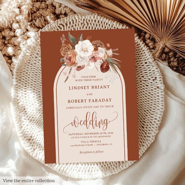 Convite Casamento Floral de Grama de Pampas Laranja Queima (Modern Burnt Orange Pampas Grass Floral Wedding Invitation)