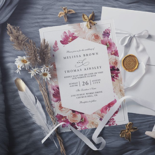 Convite Casamento Floral de Grama de Pampas Rosa Boho Códi (Criador carregado)