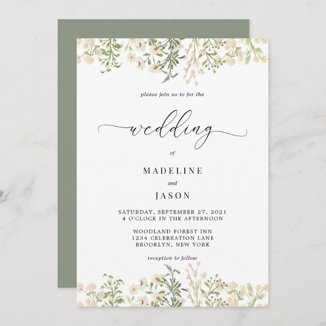 Convite Casamento Floral de Greenery com Script Whimsical (Frente/Verso)