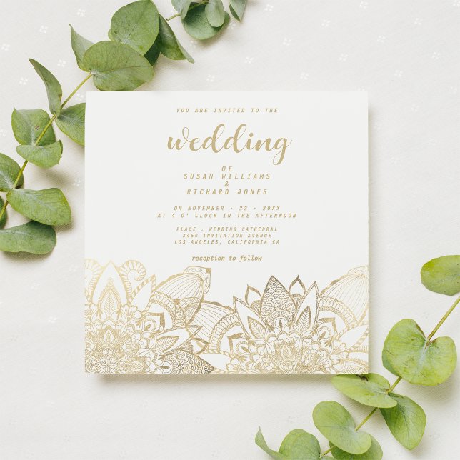 Convite Casamento floral de guião branco elegante (Elegant white gold script floral mandala wedding)