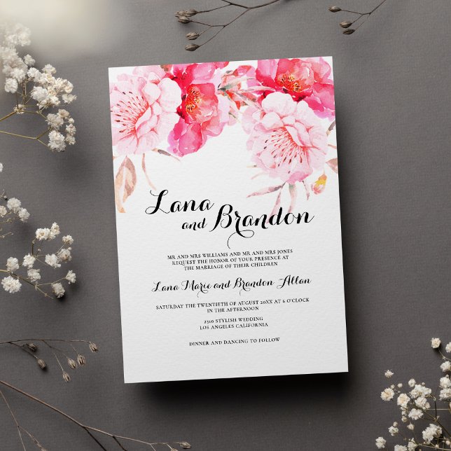 Convite Casamento floral de guião branco-rosa-rosa, branco (Botanical pink white classic script floral wedding)
