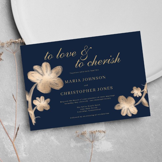 Convite Casamento floral de guião marinho azul esfolado de (Elegant navy blue chic gold script floral Wedding )