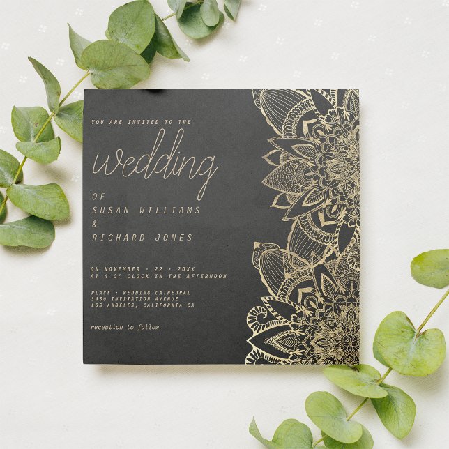 Convite Casamento floral de guião preto de luxo (Luxury black gold script floral mandala wedding)
