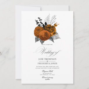 Convite Casamento Floral de Halloween Preto e Laranja Vint