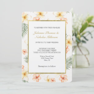 Convite Casamento Floral de Hibisco Creme de Pêssego Tropi