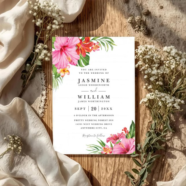Convite Casamento Floral de Hibisco Tropical Código QR Ele (Criador carregado)