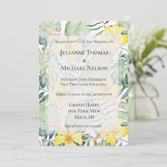 Convite Casamento Floral de Hibiscus Amarelo Tropical (Em pé/Frente)