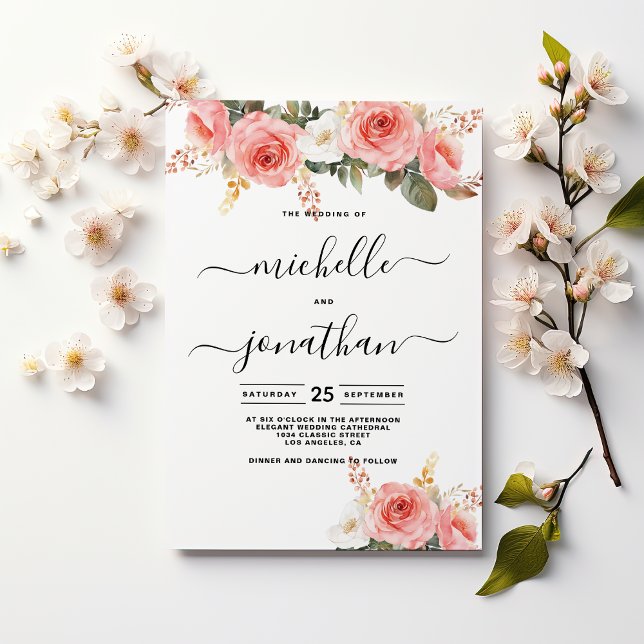 Convite Casamento floral de horta branca rosa-penteada (Watercolor blush pink white mint floral wedding)