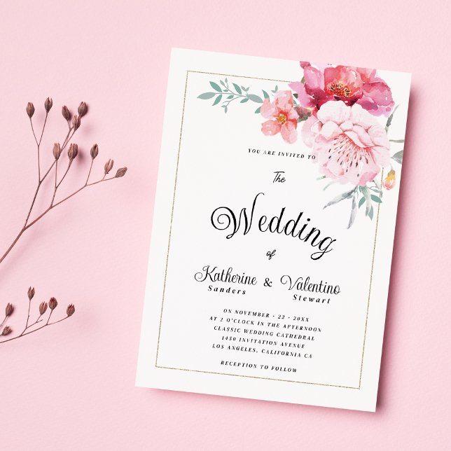 Convite Casamento floral de horta rosa-botulínica (Botanic pink mint formal script floral wedding)