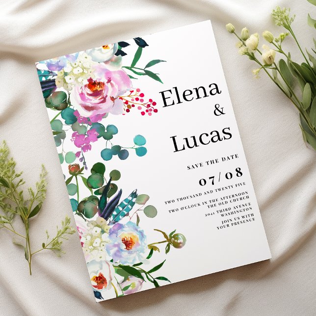 Convite Casamento floral de horta rosa branco-d'água (Watercolor white pink mint peony floral wedding)