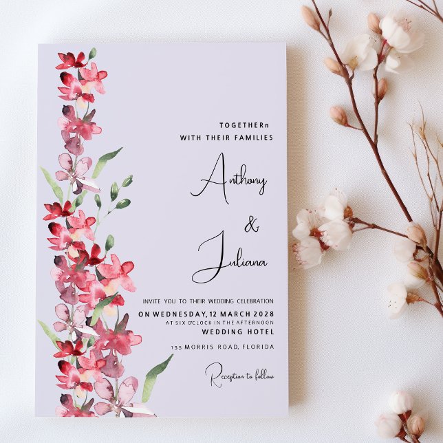 Convite Casamento floral de horta rosa-lavanda (Lavender pink burgundy mint floral Wedding )