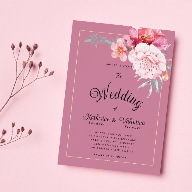 Convite Casamento floral de horta rosa-rosa (Botanical pink mint formal script floral wedding )