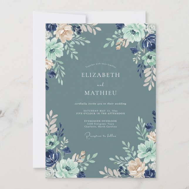 Convite Casamento Floral de Hortelã Azul Aço (Frente)
