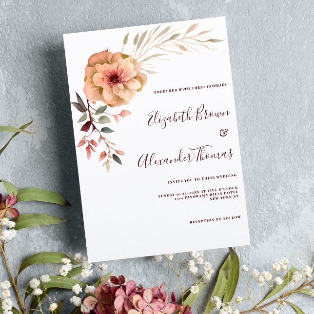 Convite Casamento floral de hortelã rosa-marfim-marfim-de- (Watercolor ivory pink burgundy mint floral wedding)