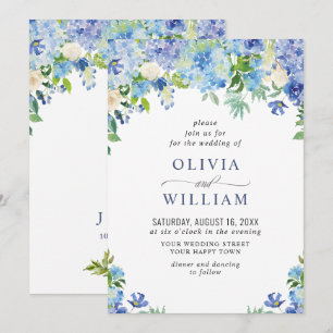 Convite Casamento Floral de Hortênsia Azul Elegante em Aqu