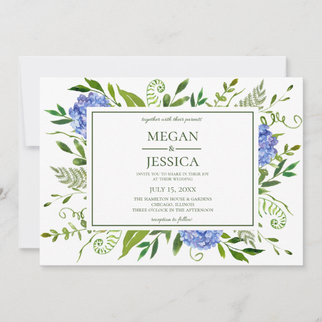 Convite Casamento Floral de Hortênsias Azuis LGBTQ (Frente)