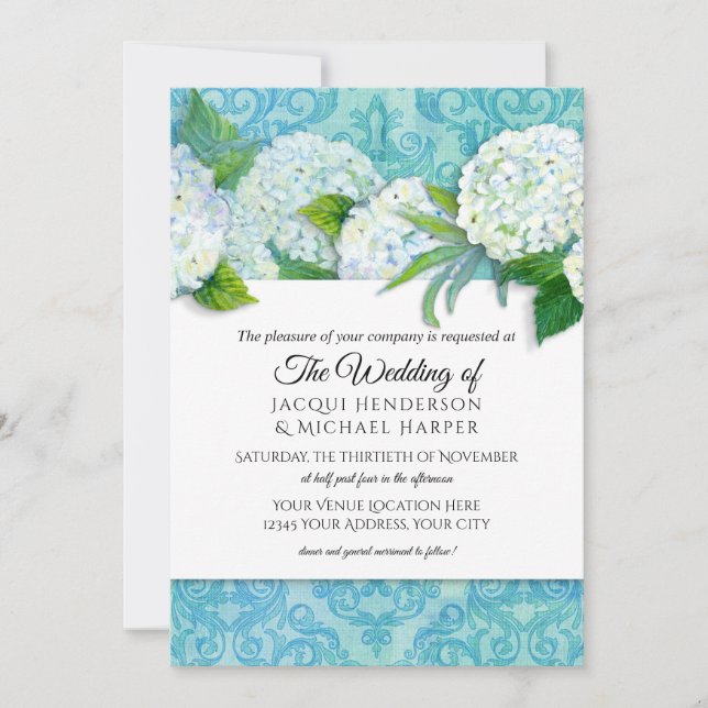 Convite Casamento Floral de Hydrangea Azul Azul e Damask (Frente)