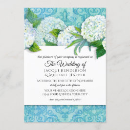 Convite Casamento Floral de Hydrangea Azul Azul e Damask